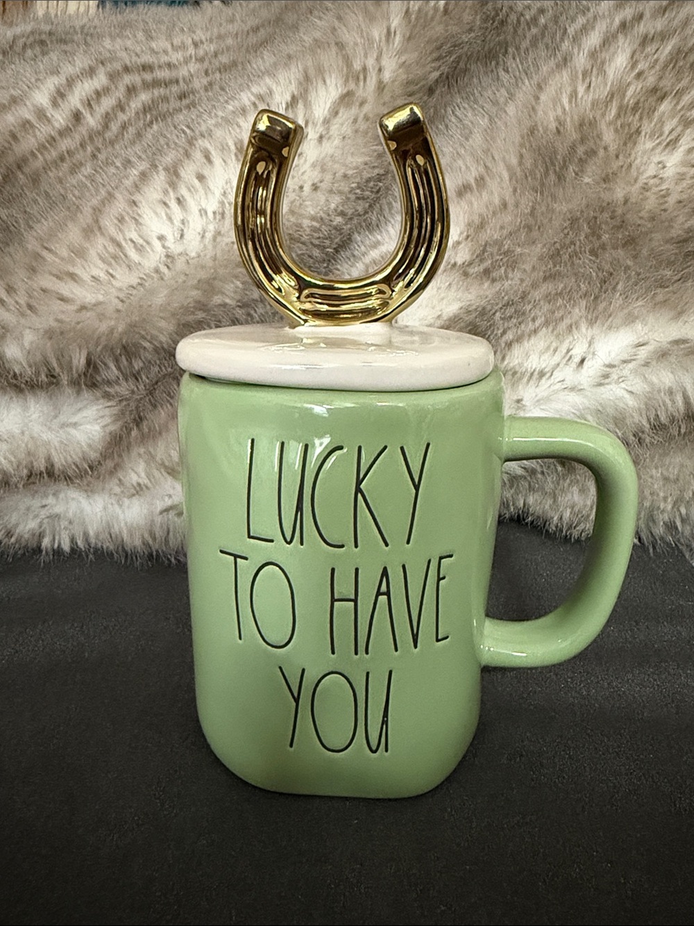 Green 'Lucky to Have You' Ceramic Mug with Gold Horseshoe Lid Rae Dunn